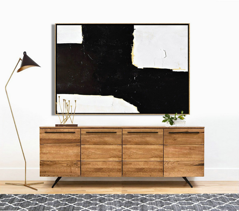 Custom Canvas Wall Art,Horizontal Palette Knife Minimal Canvas Art Painting Black White Beige - Modern Art Abstract Painting